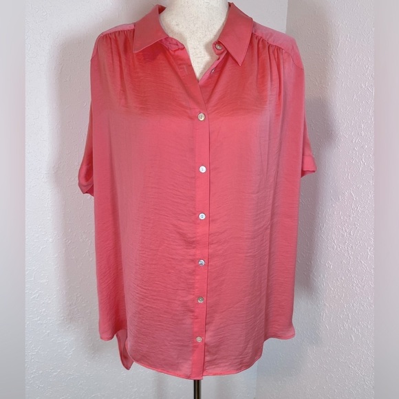 Jane & Delancey Salmon Silky Short Sleeve Blouse - Picture 1 of 6